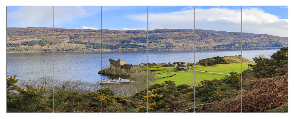 Lago Ness and Urquhart Castle, Landscape Canvas Art Print, 70"x28", 6 Panels