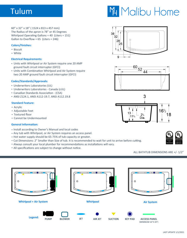 Malibu Tulum LH Rectangle Combo Whirlpool and Air Bathtub 60x32x18 Biscuit