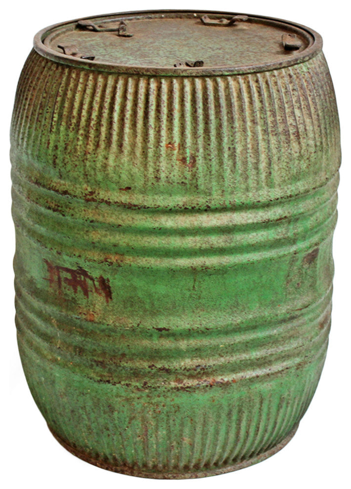 Consigned Vintage Green Iron Grain Barrel