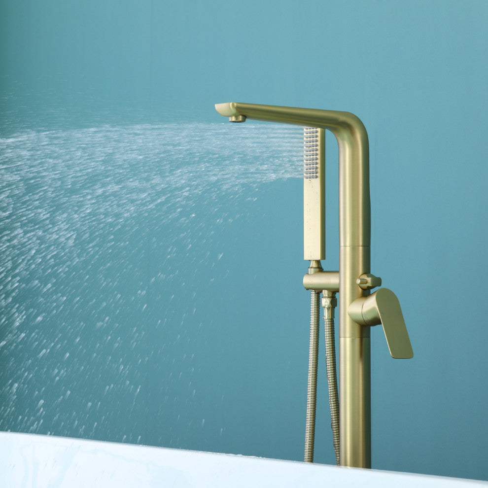 Wellfor Freestanding Faucet, Swivel Spout and Handheld Shower, 2 Handles, Brushed Gold