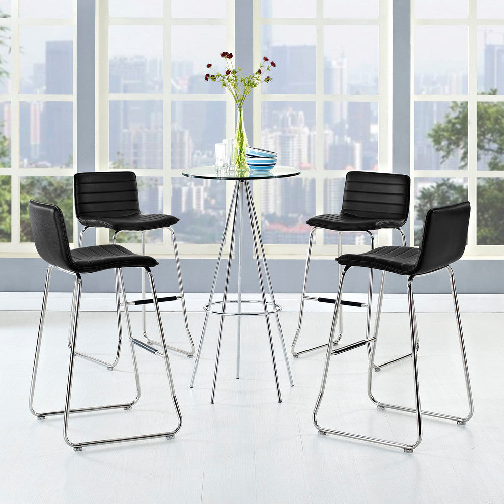 Modern Urban Contemporary Bar Stool Set of 4, Black Faux Leather