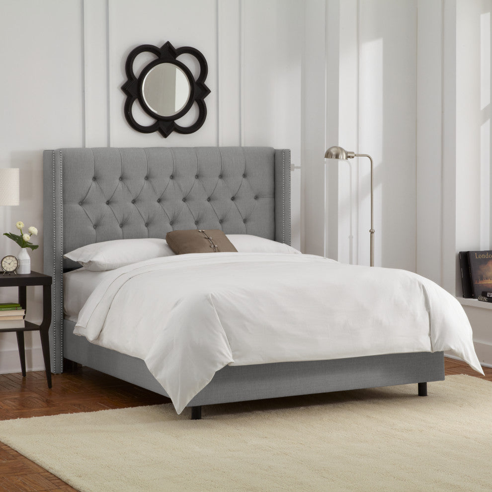 Monarch King Diamond Wingback Nail Button Bed, Linen Gray