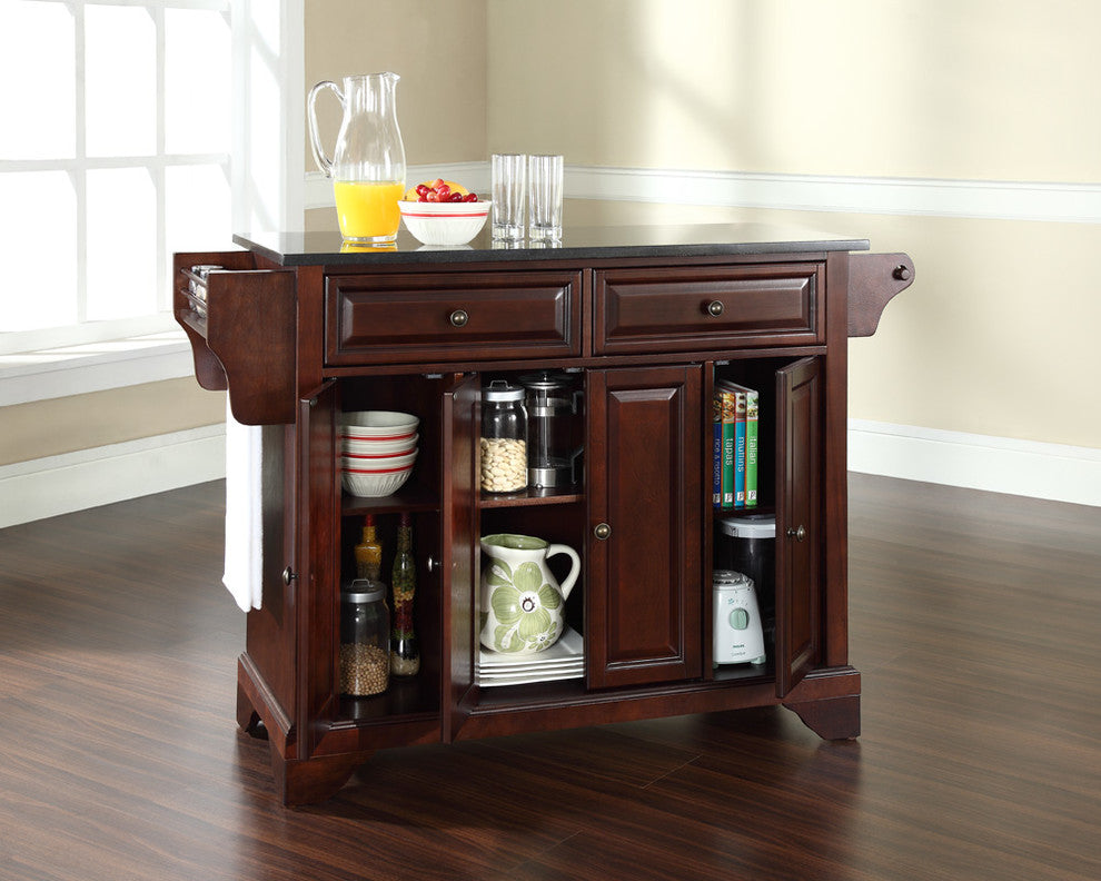 LaFayette Solid Black Granite Top Kitchen Island, Vintage Mahogany Finish