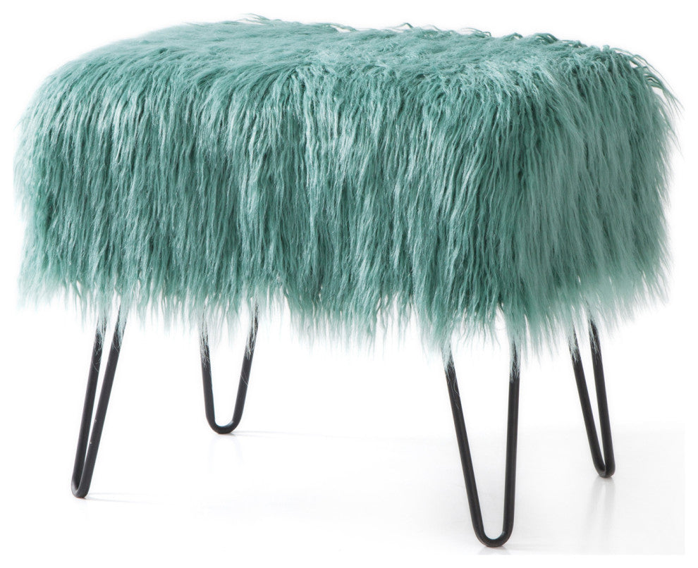 Mongolian Fur Ottoman, Oil Blue, 19''x13''x17''