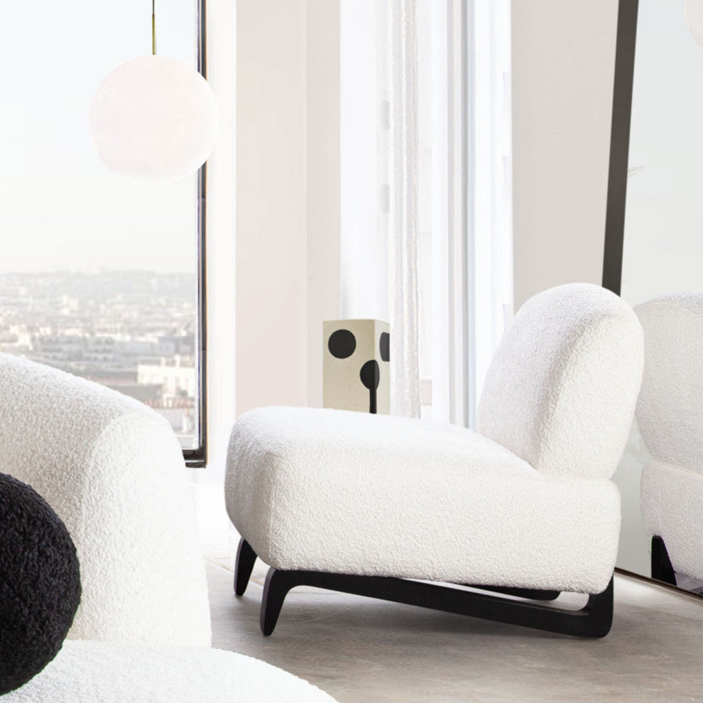 Vesper Armless Chair, Faux White Shearling With Black, Wood Leg Base