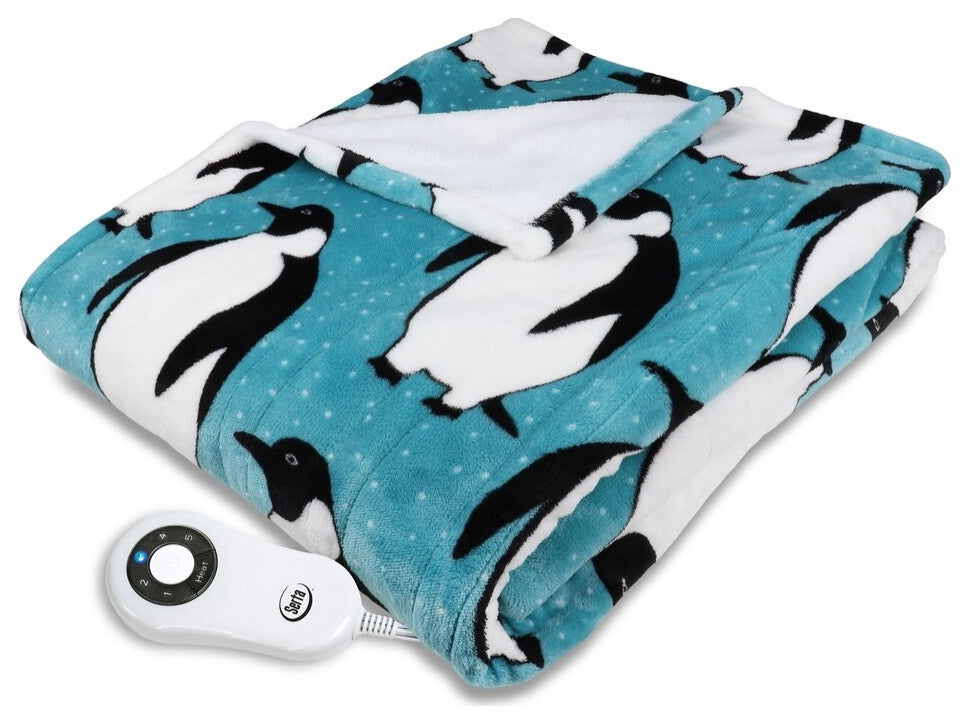 Serta Shiny Sherpa Electric Heated Warming Throw Blanket Penguin Teal