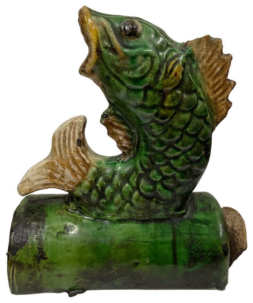 Consigned Early 20th Century Antique Chinese Glazed Ceramic Koi Fish Roof Tile