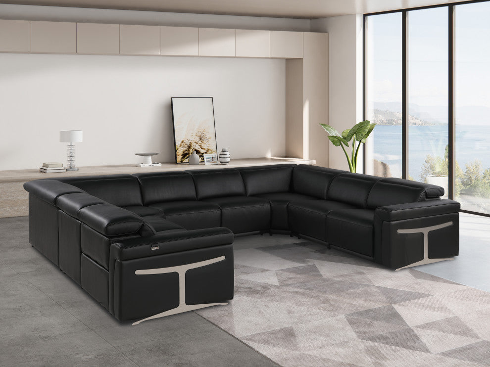 GIOVANNI 8-Piece, 4-Power Reclining Italian Leather Sectional, Black