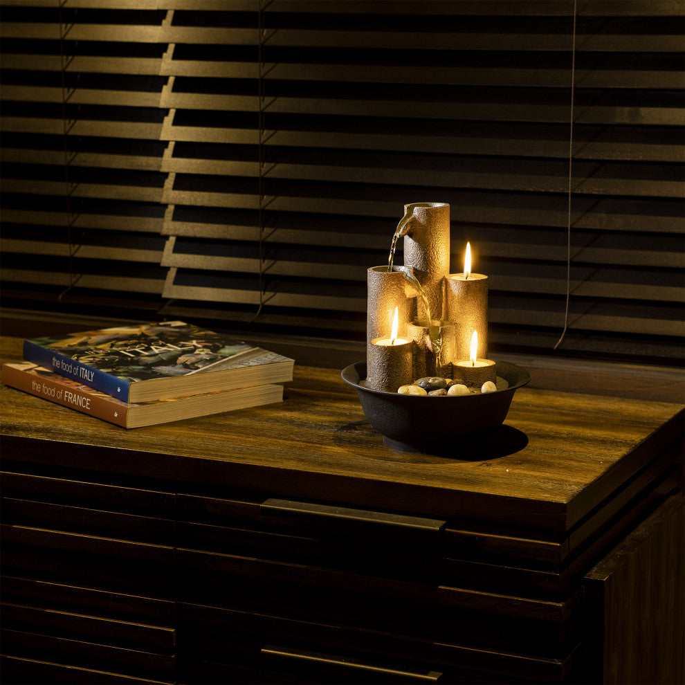 11" Tall Indoor Tiered Column Tabletop Fountain with 3 Candles