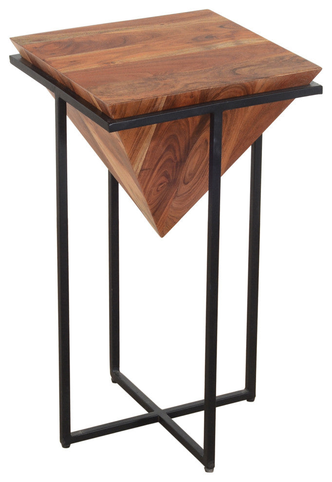 Pyramid Shape Wooden Side Table With Cross Iron Base, Brown and Black, 26 Inch