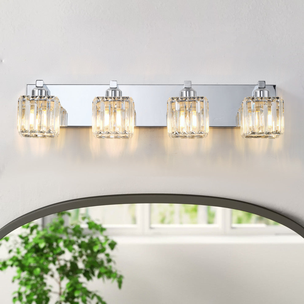 Polished Chrome 4-Light Textured Crystal Bathroom Vanity Light