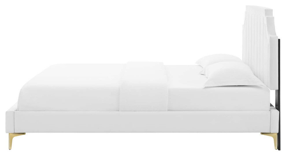 Platform Bed Frame, Queen Size, Velvet, White, Modern Contemporary, Bedroom