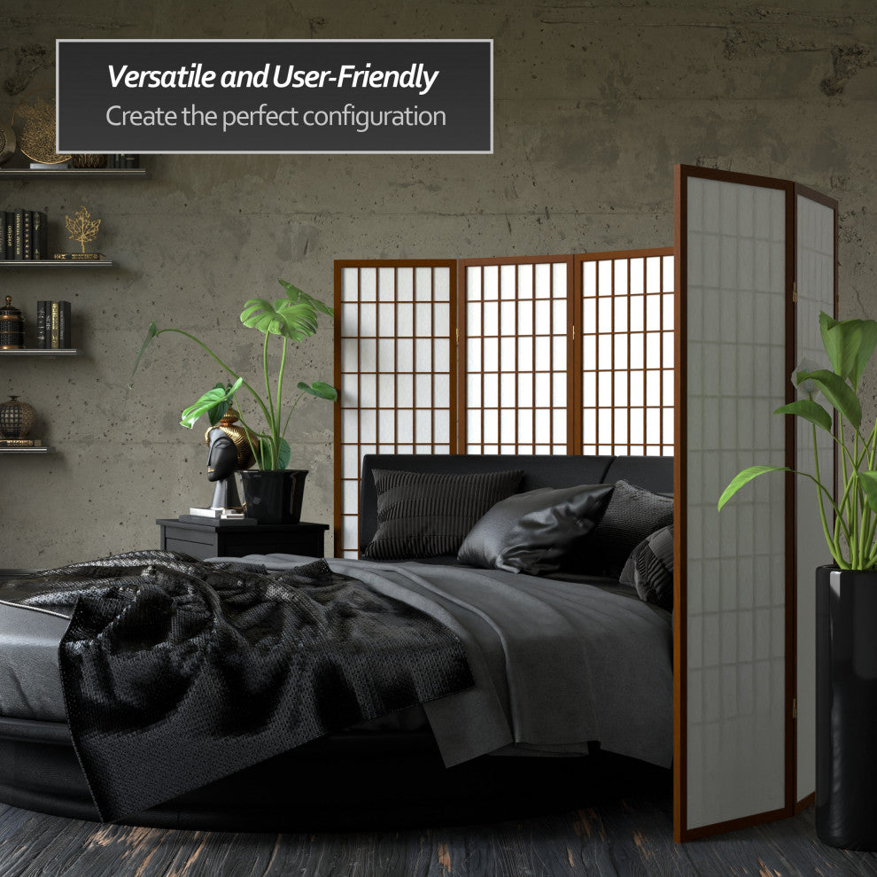 5' Tall Window Pane Shoji Screen, Walnut, 5 Panels