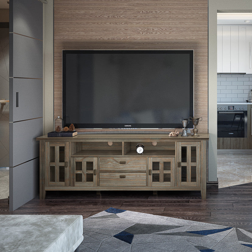 Solid Wood 72" Wide Tv Media Stand In Distressed Grey For Tvs Up To 80"es