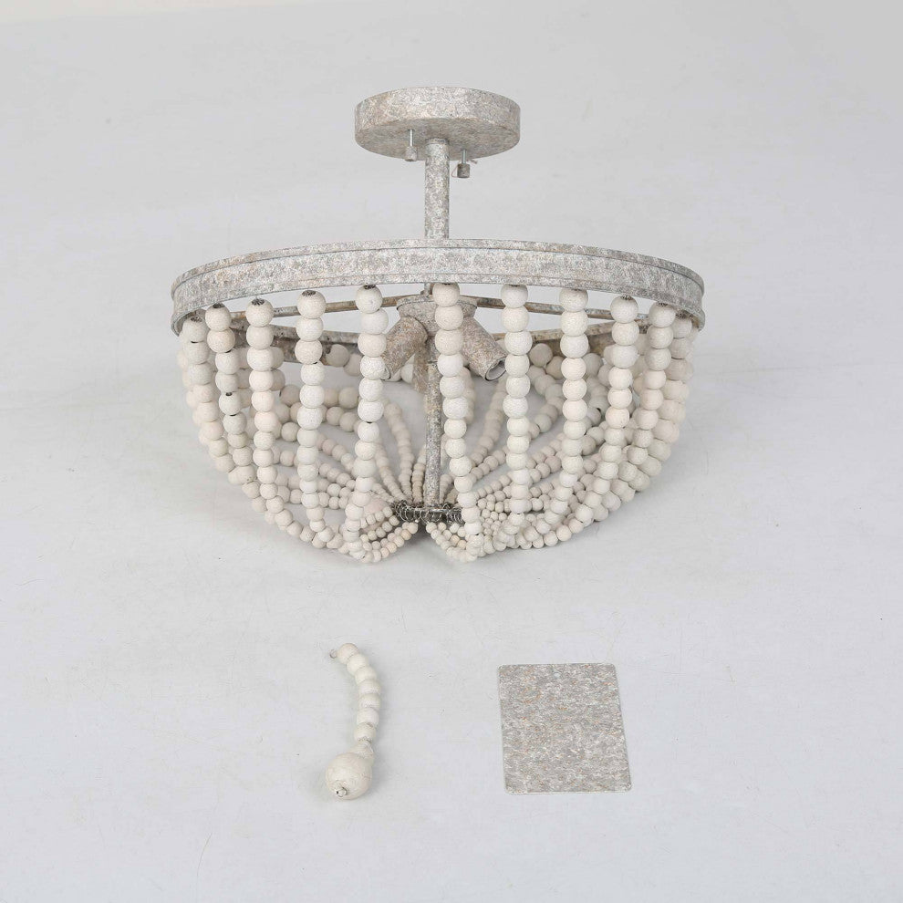 LNC 3 Light Vintage Beaded with White Wooden Beads, Semi-Flush Ceiling Light