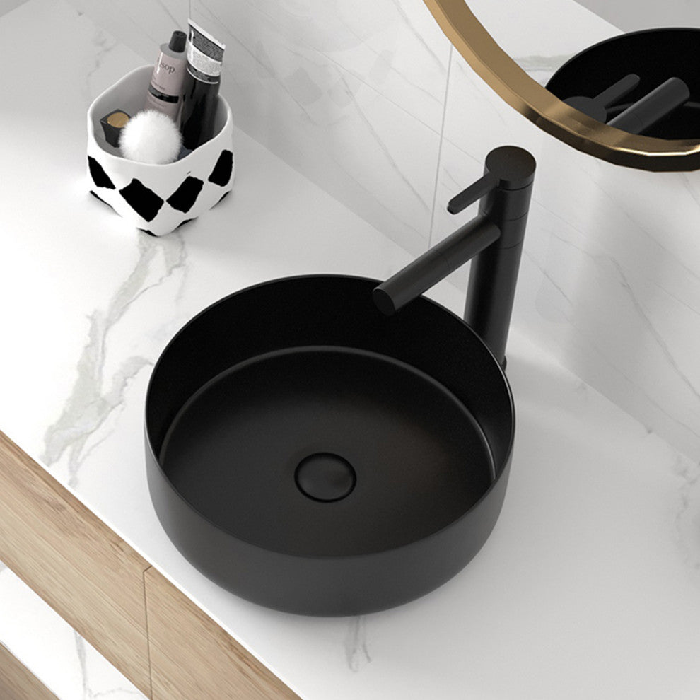 15.7 in Round Bathroom Ceramic Vessel Sink, Matt Black