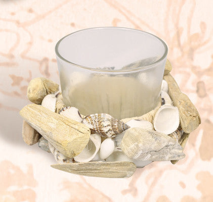 Frosted Glass Candle Holder With Driftwood and Shells