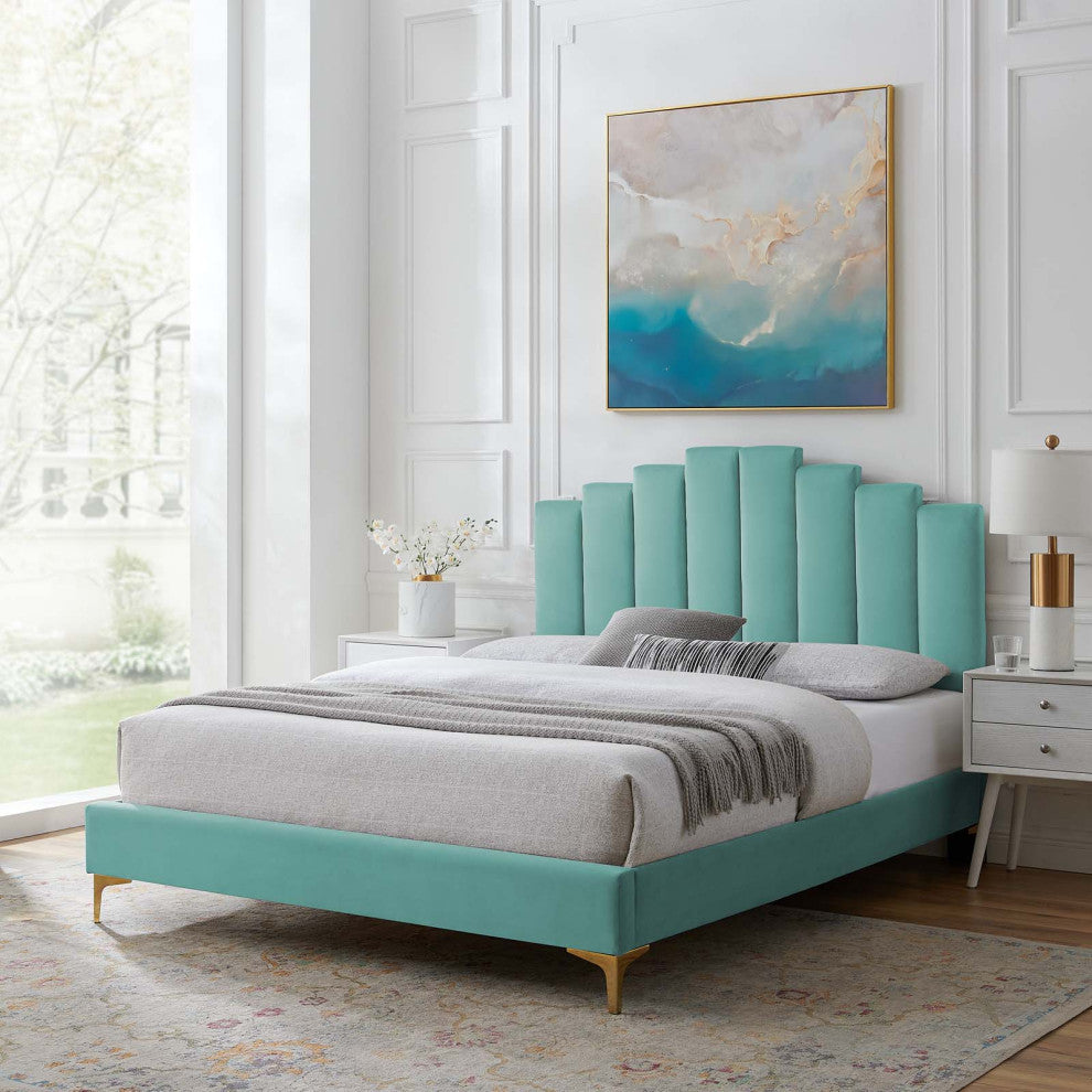 Platform Bed Frame, King Size, Velvet, Blue, Modern Contemporary, Bedroom Master