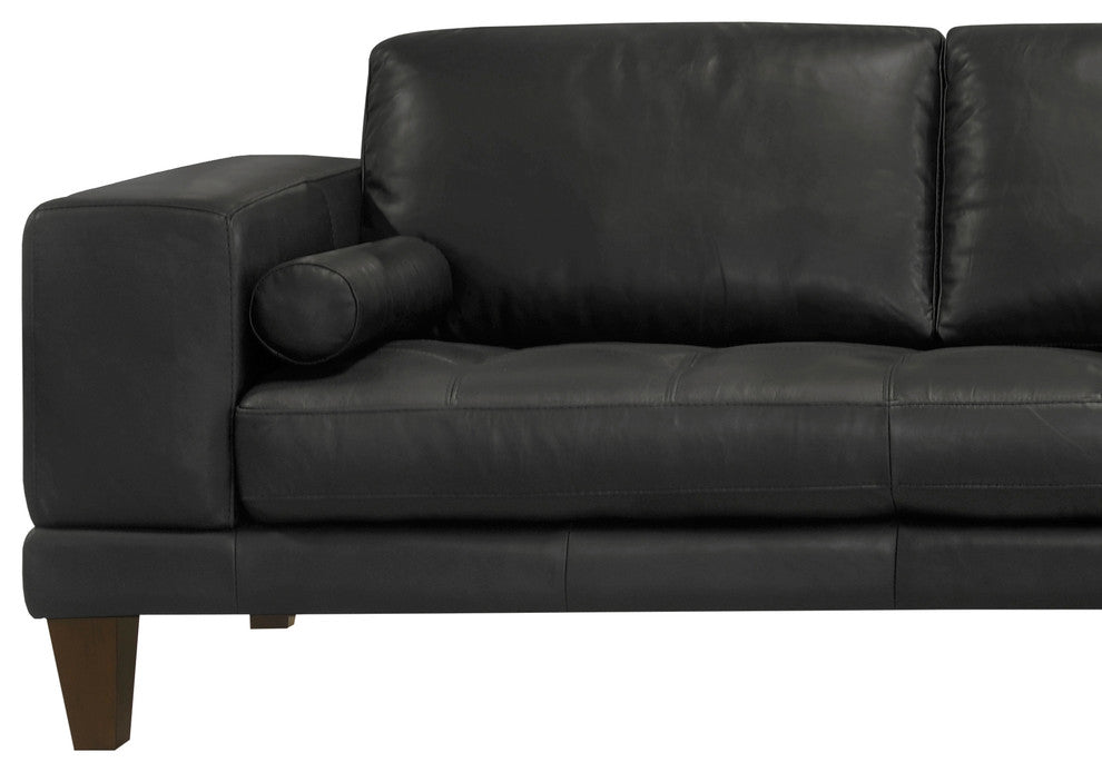 Wynne Contemporary Sectional, Genuine Black Leather With Brown Wood Legs