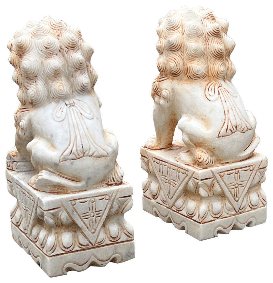 Chinese Small Pair Cream White Marble Stone Fengshui Foo Dogs Statues Hws3068