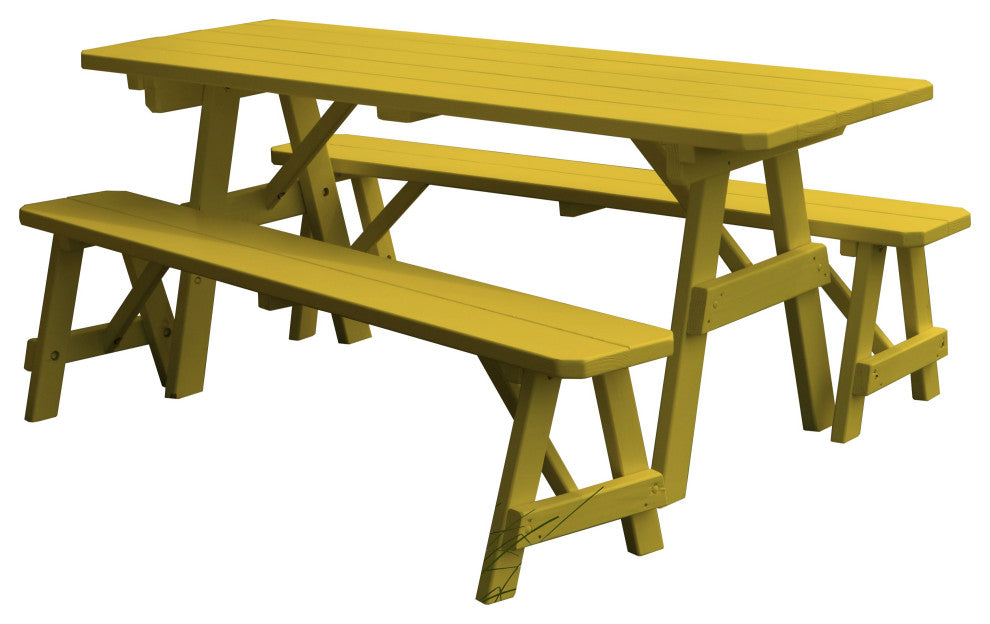 Pine Traditional Table With 2 Benches, Canary Yellow, 8 Foot, 2 Benches