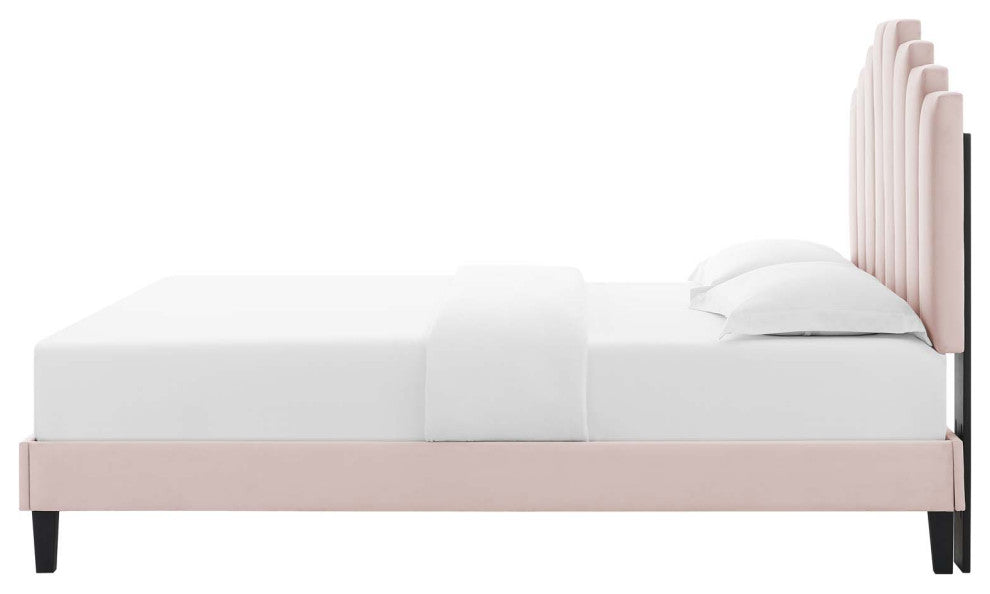Platform Bed Frame, King Size, Velvet, Pink, Modern Contemporary, Bedroom Master