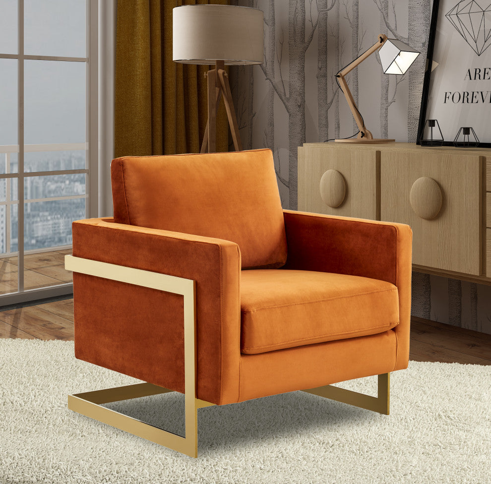 LeisureMod Lincoln Velvet Accent Armchair With Gold Frame, Orange Marmalade