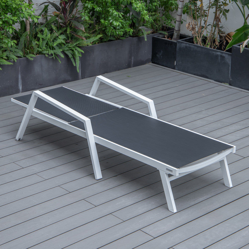 LeisureMod Marlin Patio Chaise Lounge Chair With Arms White Frame, Black