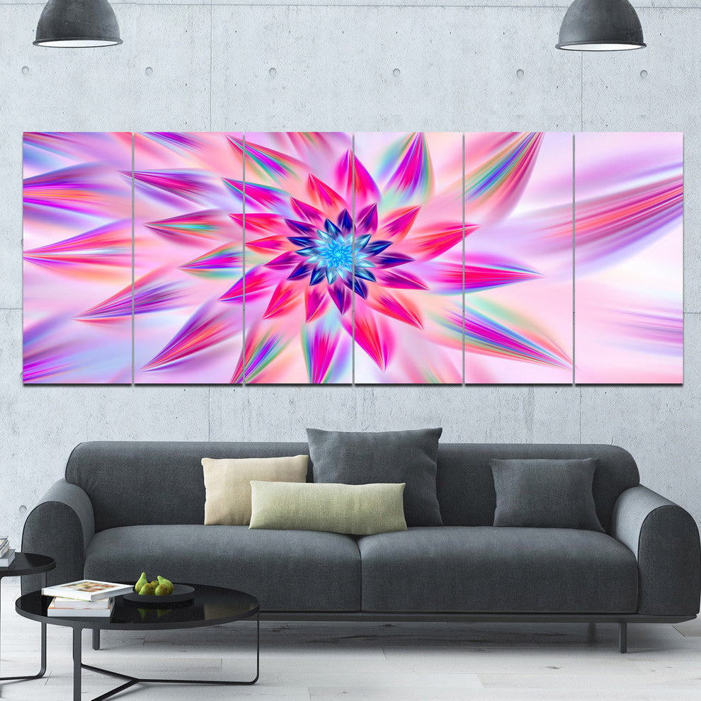 Huge Pink Blue Fractal Flower, Floral Canvas Art Print, 70"x28", 6 Panels