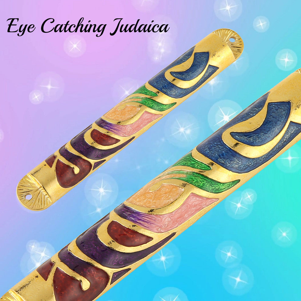 Matashi Gold Hand Painted Multicolor Enamel Mezuzah w Hebrew Shin for Home Door