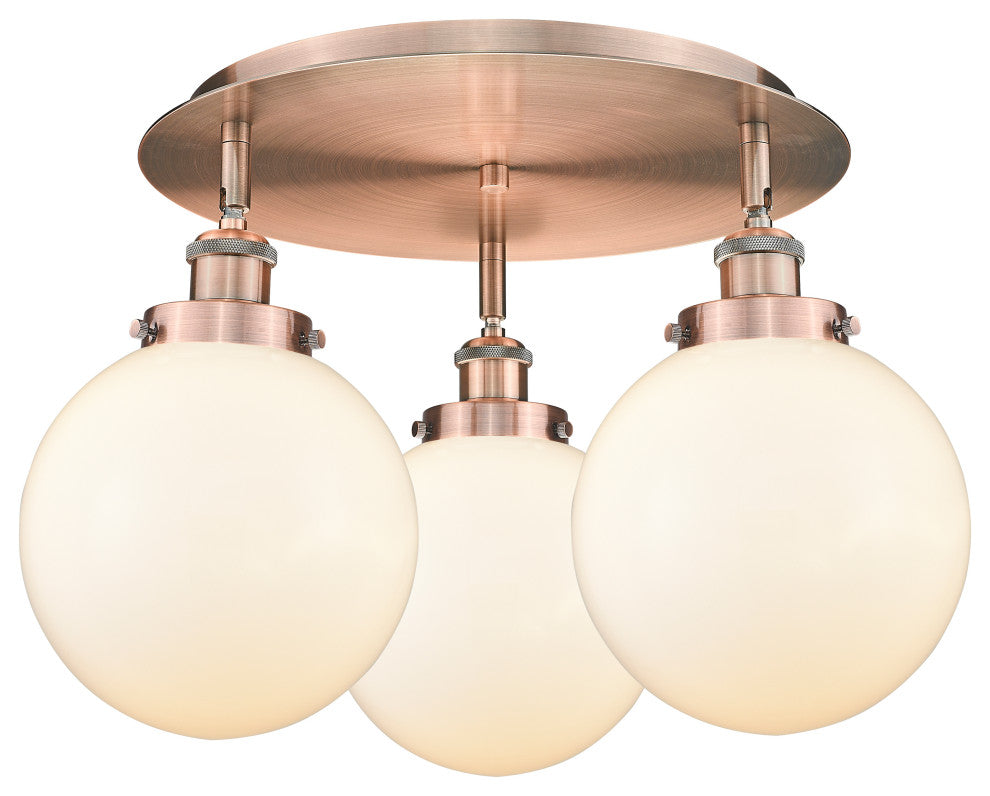 Canton-3 Light 20" Flush Mount-Antique Copper, Matte White Glass Shade