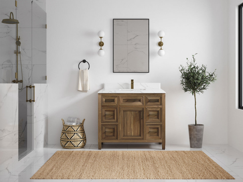 Santa Monica 42 Single Sink Bath Vanity in Graywashed Teak 1.5" Calacatta Laza