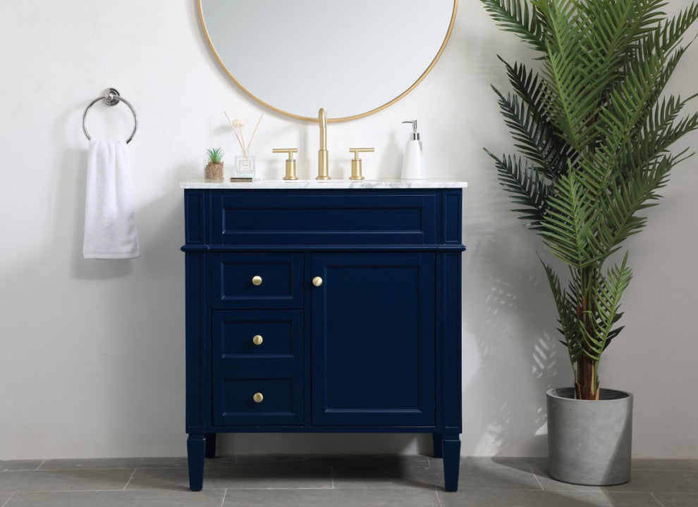 Home Living Vanity with Carrara White Marble Countertop, Blue, 32", Single Sink