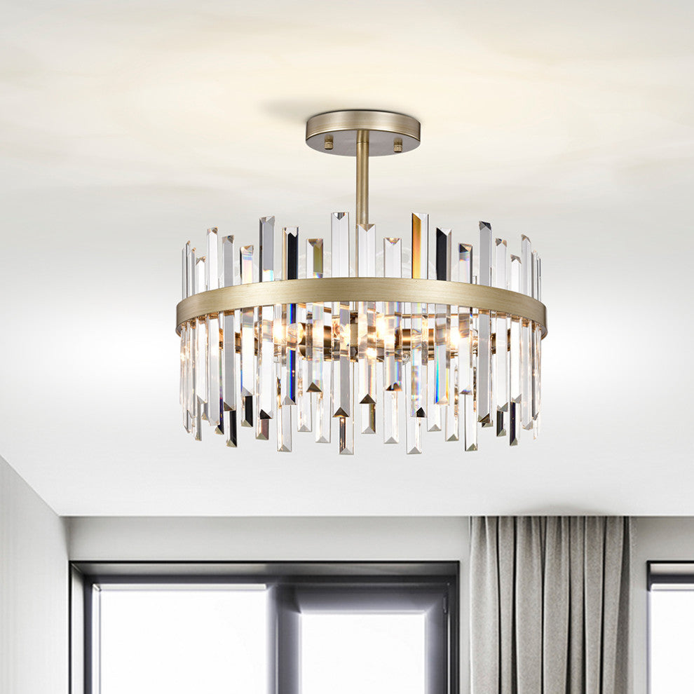 Eva Brushed Silver-ish Champagne Drum Crystal Prism Flush Mount