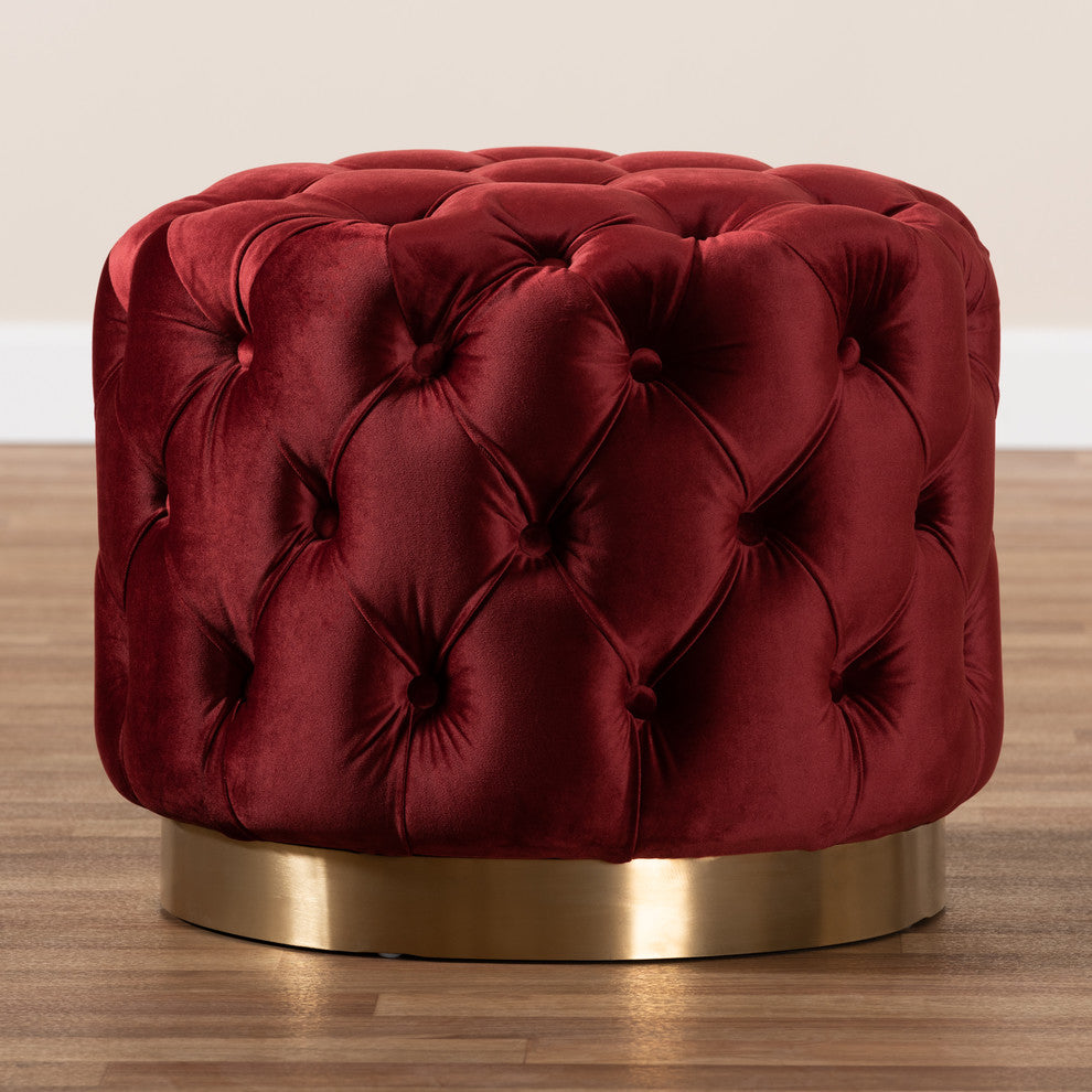 Maxine Glam Velvet Fabric Gold Button Tuft Ottoman, Burgundy