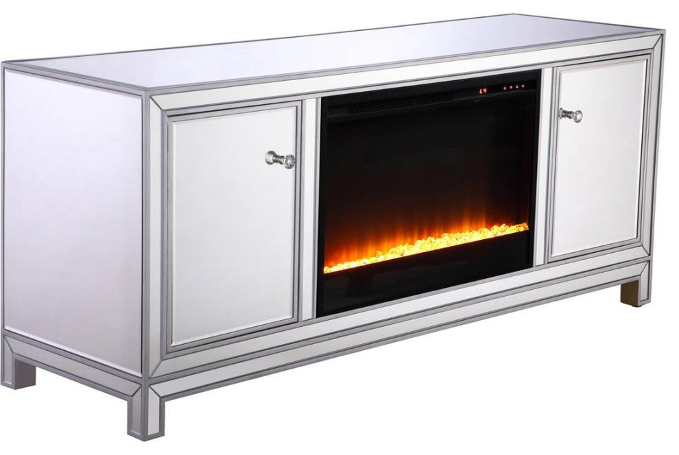60" Mirrored Tv Stand With Crystal Fireplace Insert In Antique Silver