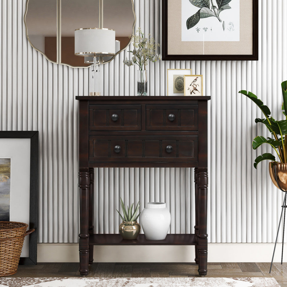 TATEUS Modern Narrow Console Table With Three Storage Drawers, Espresso