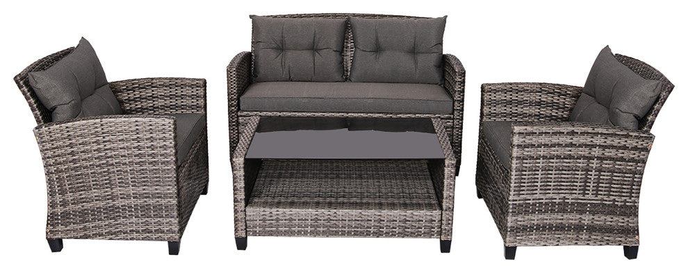 Costway 4PCS Patio Rattan Furniture Set Coffee Table Cushioned Sofa Garden Gray