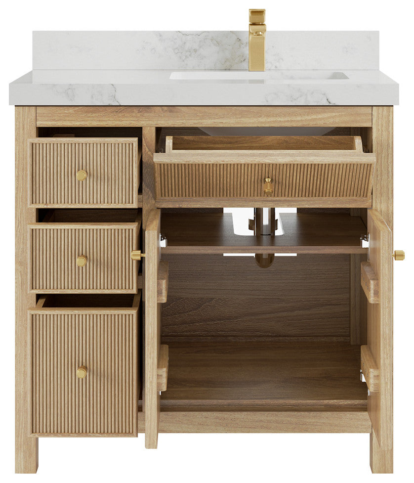 Sonoma 36 Right Offset Bath Vanity in Light Natural Teak with 2" Calacatta Nuvo