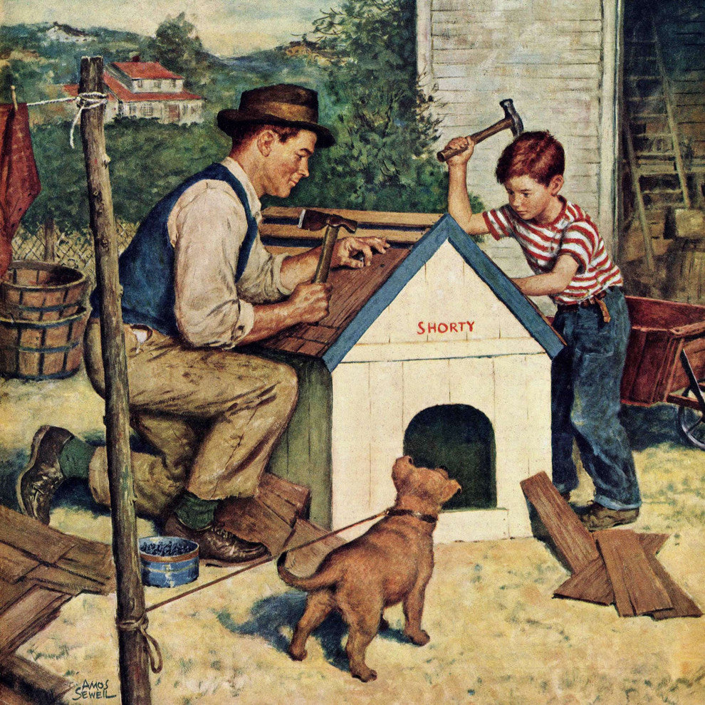 "Building the Doghouse" Painting Print on Canvas by Amos Sewell