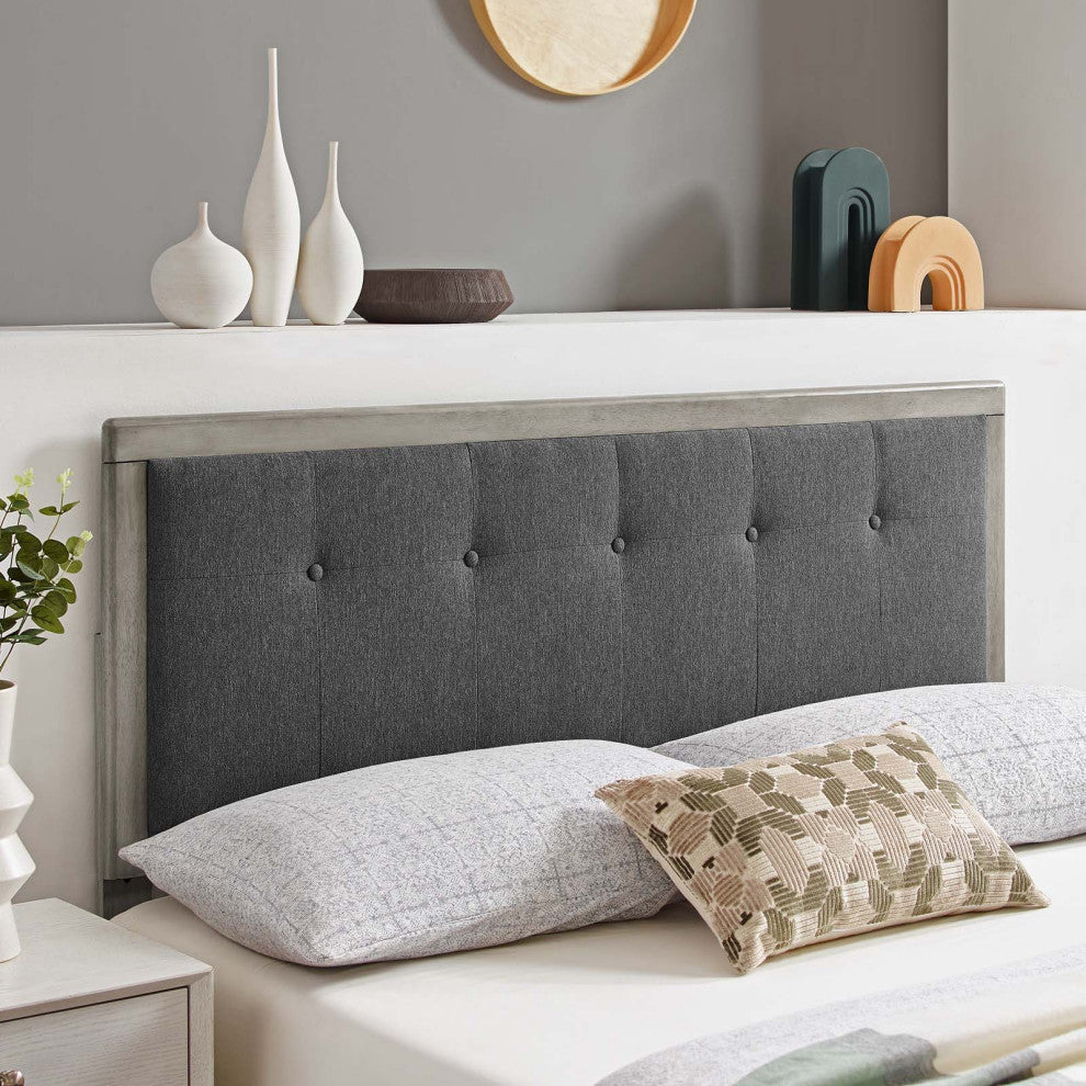 Tufted Headboard, King Size, Wood, Fabric, Gray, Modern Mid-Century