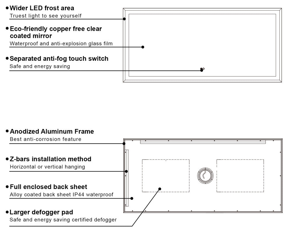Beveled Bathroom LED Mirror Framed, Backlit and Front Light, Matte Black, 60"x28"