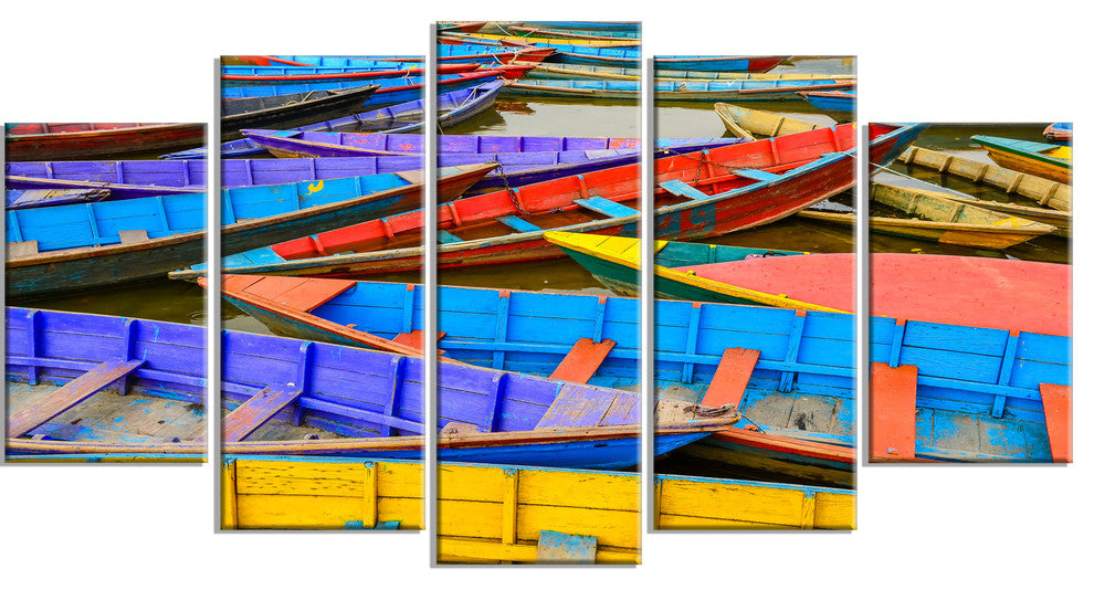 Old Colorful Sailboats in Lake, Boat Canvas Art Print, 60"x32", 5 Panels