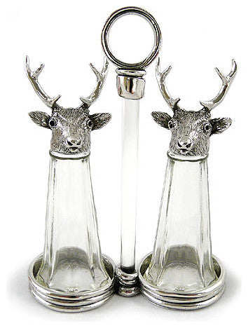 Stags Pewter and Glass Salt and Pepper Shakers Set