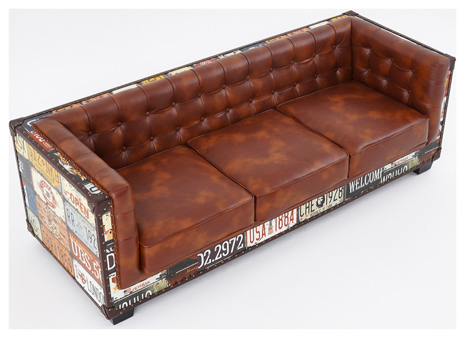 Vintage Industrial Loft 3-Seater Sofa Tufted Brown Faux Leather Upholstered Sofa