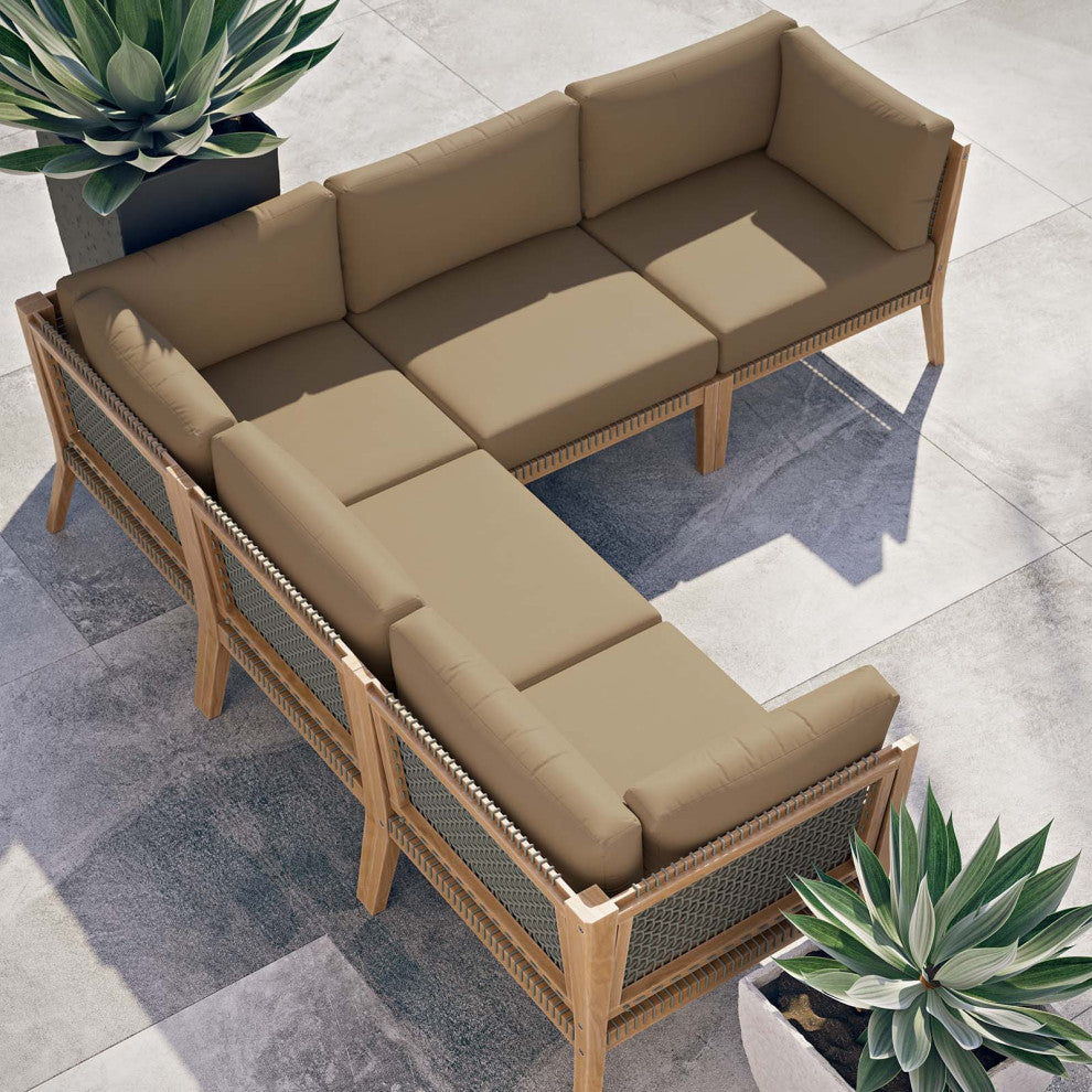 Clearwater Outdoor Patio Teak Wood 5-Piece Sectional Sofa, Gray Light Brown