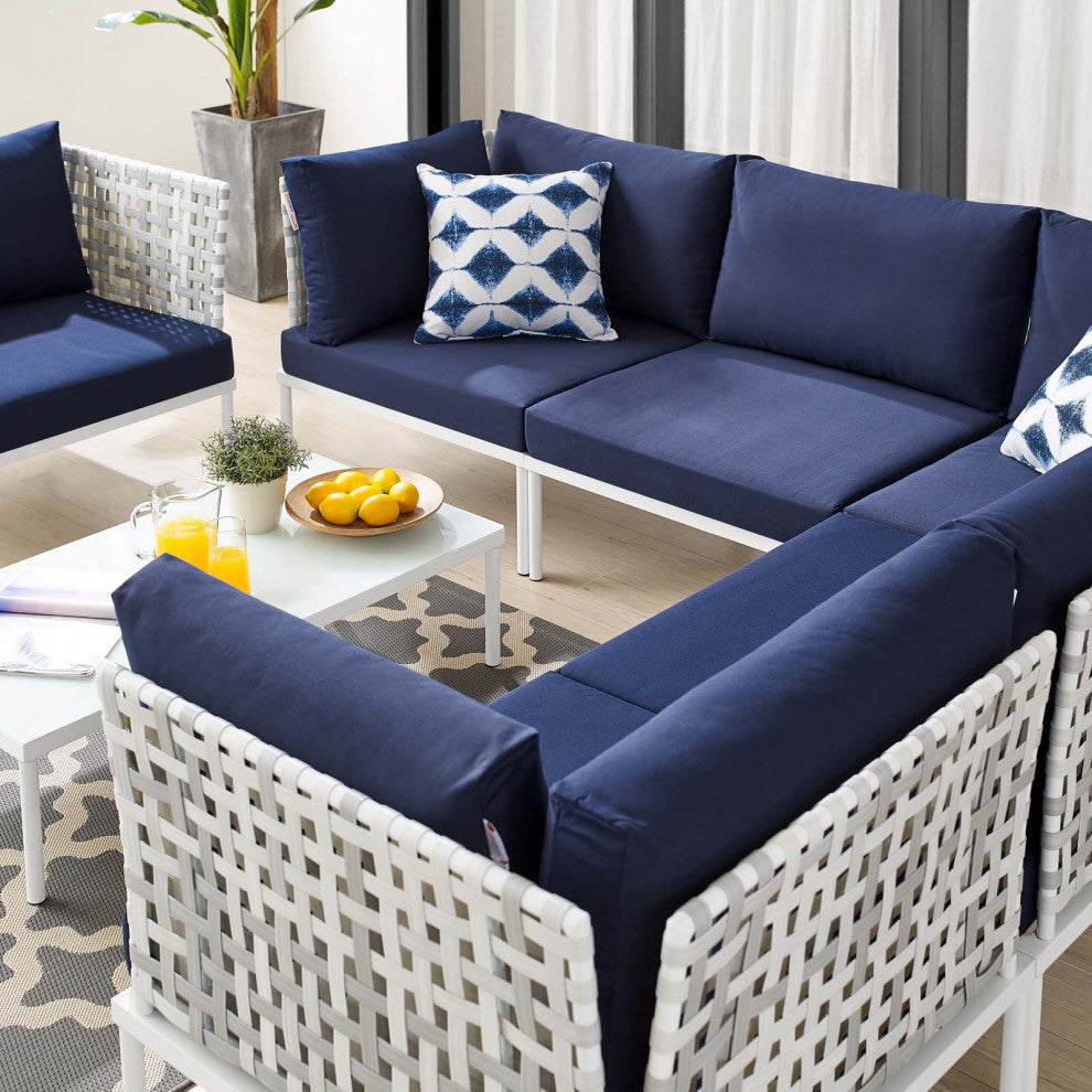 Lounge Sectional Sofa Chair Table Set, Sunbrella, Aluminum, Blue Navy, Outdoor