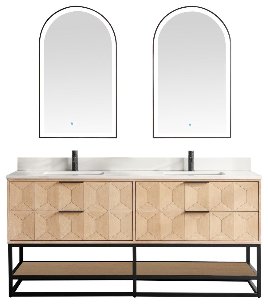 Milagro Bath Vanity With Top, Washed Ash Grey, Matte Black Base, 72", With Mirror