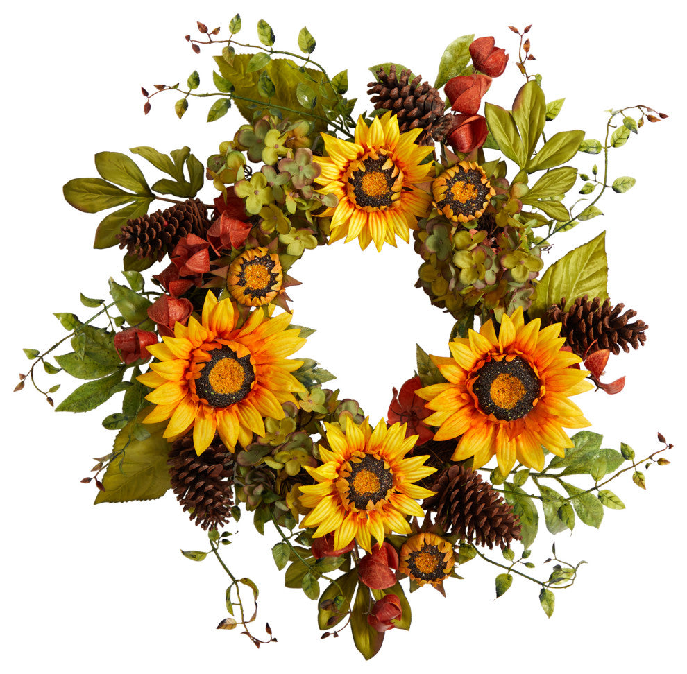 26" Fall Hydrangea, Sunflower and Pinecones Artificial Autumn Wreath