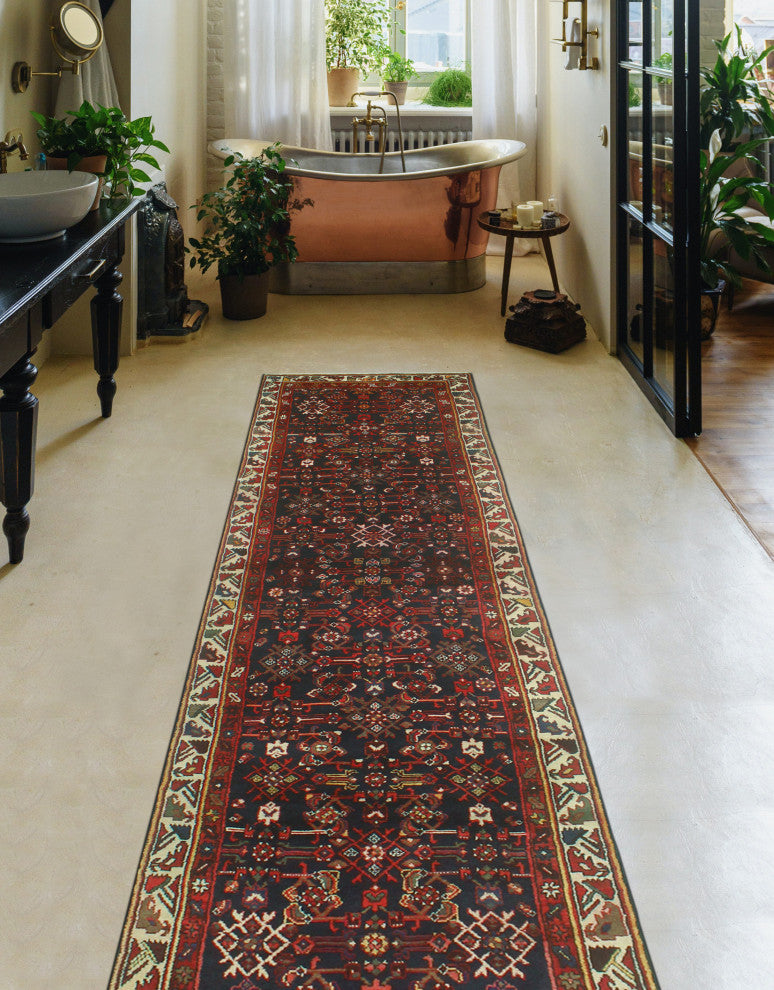 Fine Vintage Distressed Judie Navy/Red Runner, 3'3 x 14'7
